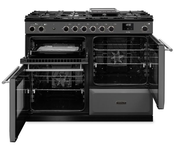 Rangemaster Aura AURO110DF/19357 (AURAO110DFPSLT/BN1) 110cm Dual Fuel Range Cooker - Slate with Brushed Nickel Trim